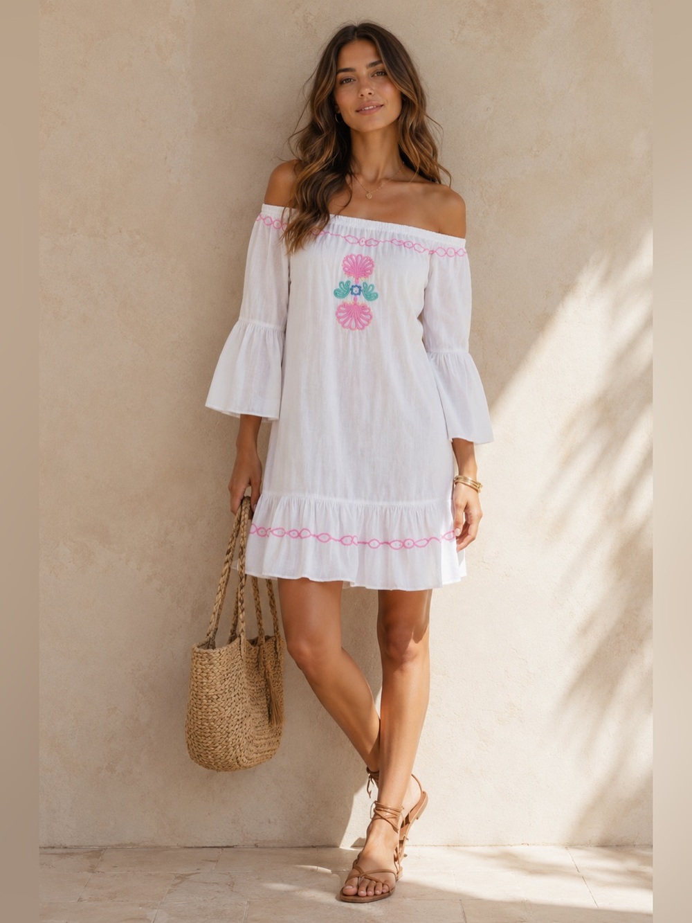 #1 🌷Lilly Pulitzer White Off-Shoulder Swim Cover-Up with Pink Embroidery